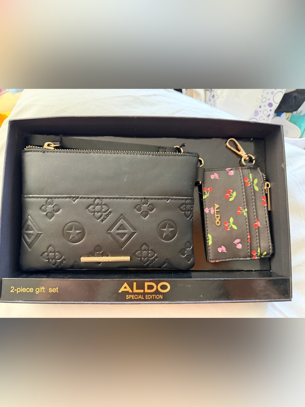 ALDO Black Embossed Wristlet with Cherry-Print Cardholder